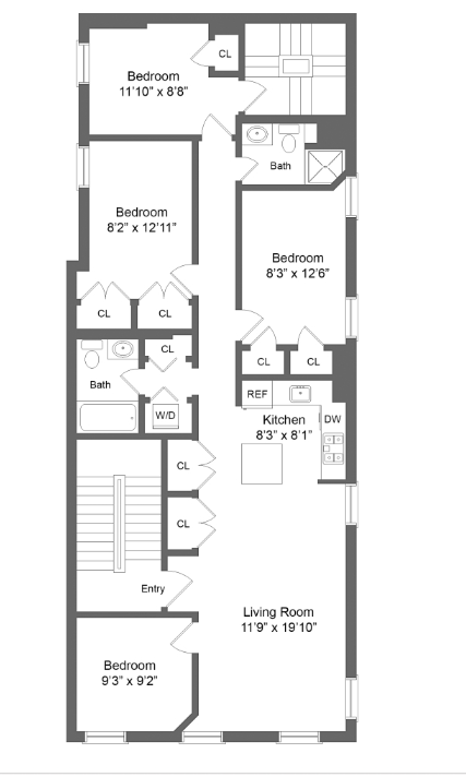 Floor plan for 5 beds, 2 baths, 1172 sqft